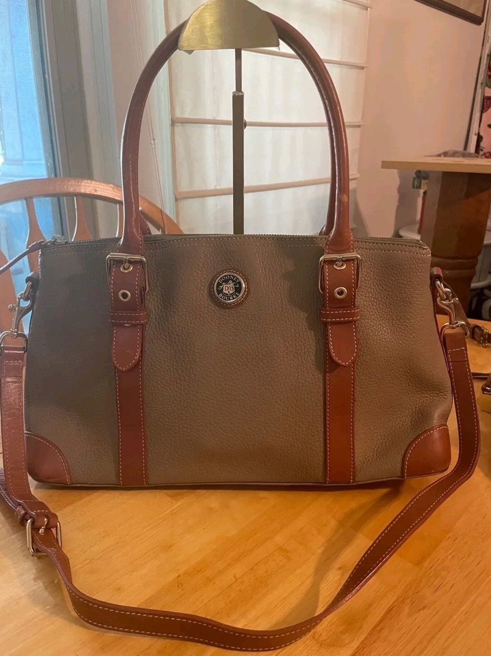Beautiful Dooney & Bourke Taupe Pebble Leather Satchel with Brown Trim